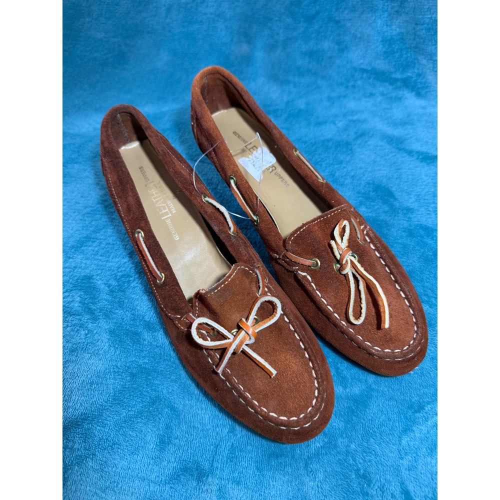 Vintage Rust Suede Wedge Loafers Made in USA Leather Bow Moccasins 6.5M 3106